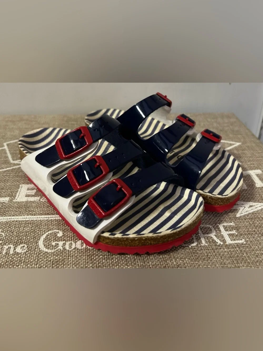 Kids Birkenstock Florida Style Navy, White & Red Triple-Buckle Sandals
